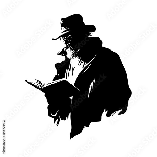 a black and white silhouette of an old man with a beard reading a book art, beard, black, book, hat, illustration, man, old, read, silhouette , Generative art.