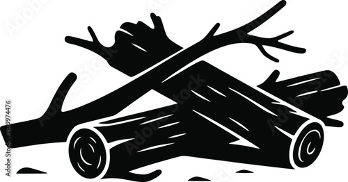 A stark black and white illustration of a pile of logs and branches ready for a bonfire or campfire silhouette
