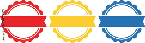 Vector badge label set red yellow blue blank banner design element for logo or text one hundred char editable stock vector illustration