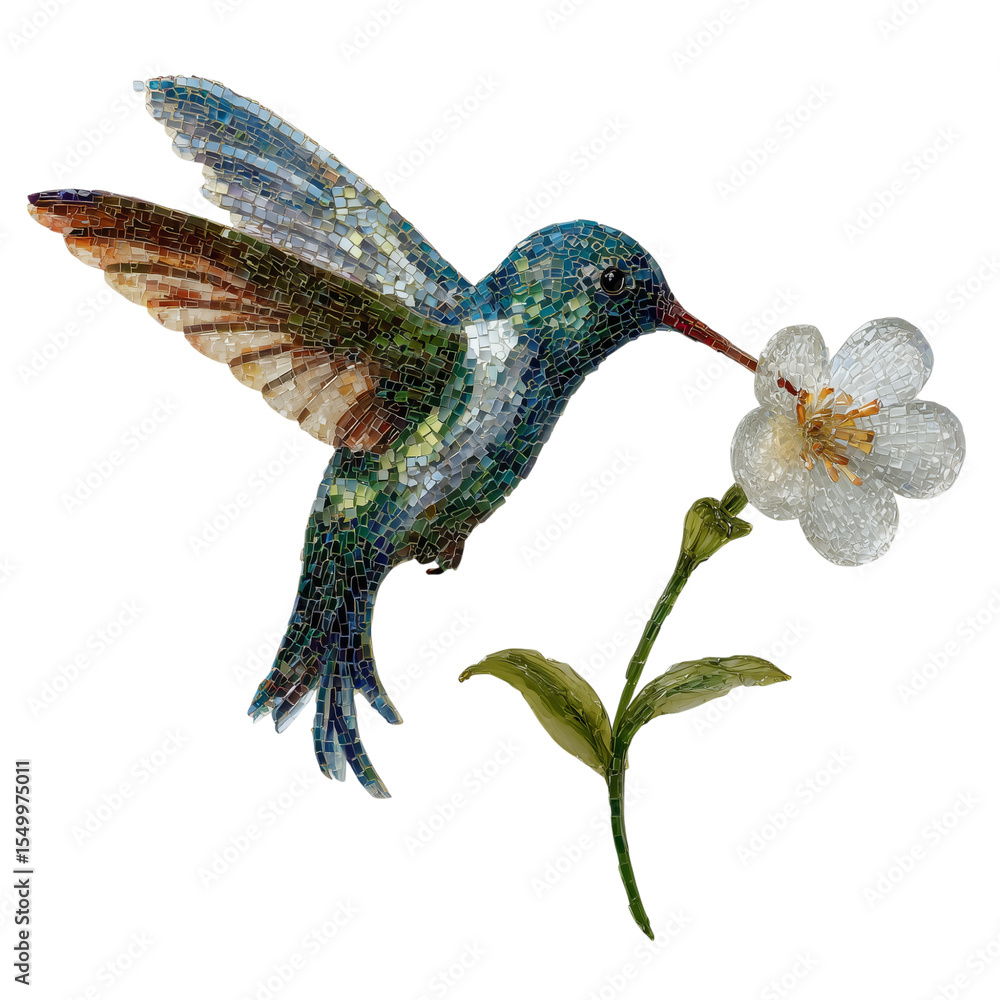 Obraz premium Colorful vector illustration of a hummingbird in flight near a flower, showcasing its delicate wings and vibrant feathers