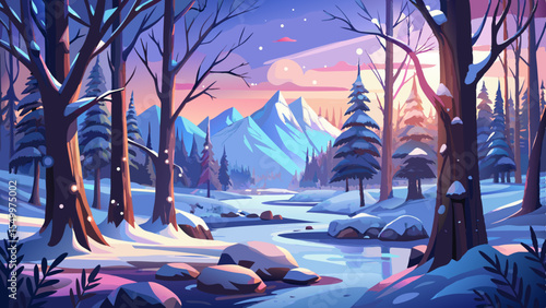 The winter landscape glistens under a pale sky. A beautiful forest sleeps beneath snow-laden branches. Nature stands still, wrapped in silence and glowing with frosty serenity.