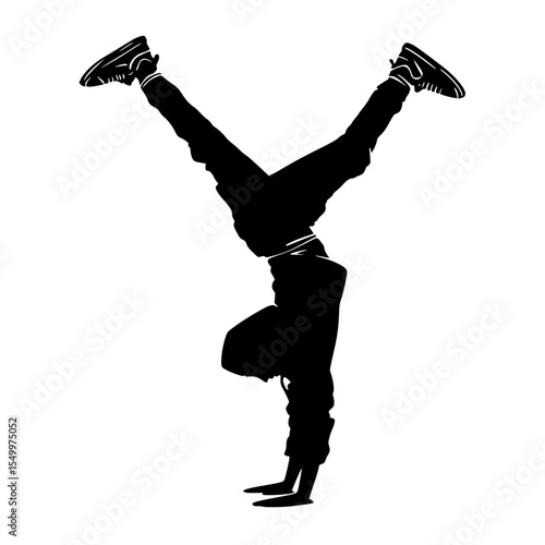 a black and white silhouette of a man doing a handstand on a skateboard black, handstand, leg, man, person, silhouette, skateboard , Generative art.