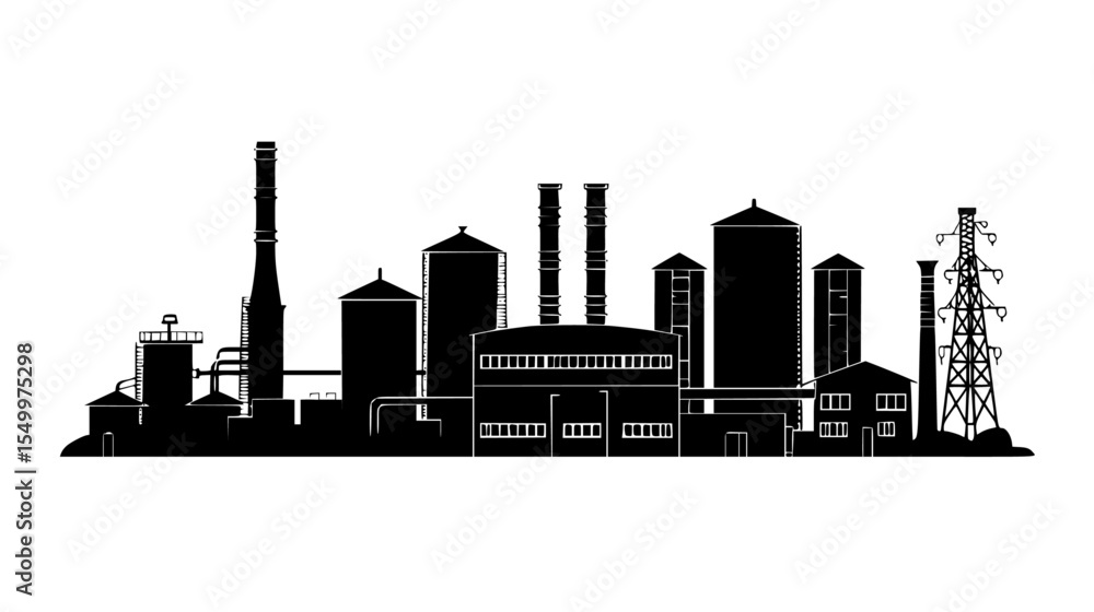 Obraz premium the black silhouette of industrial plants and buildings on a white background black, building, city, factory, industrial, plant, silhouette , Generative art.