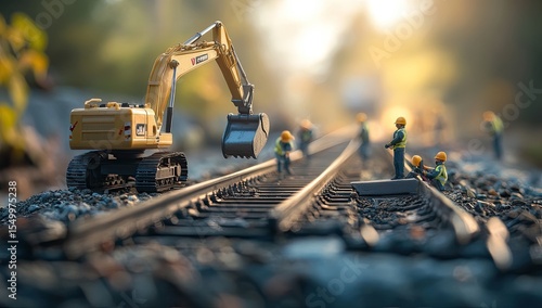 Miniature construction scene on railway tracks