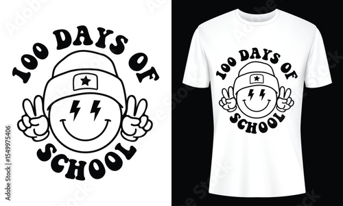 Celebrate One Hundred Days of School with this Fun Smiley Face T-shirt Design featuring a cool beanie and peace signs