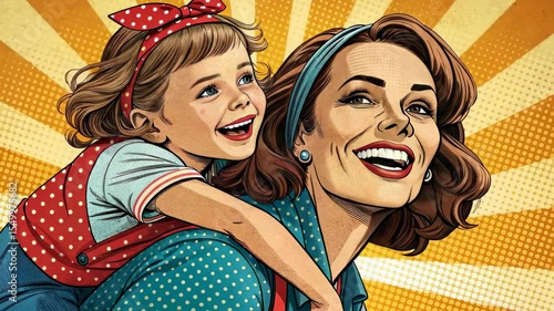Retro inspired joyful mother and daughter smiling together in vibrant pop art with sunburst background