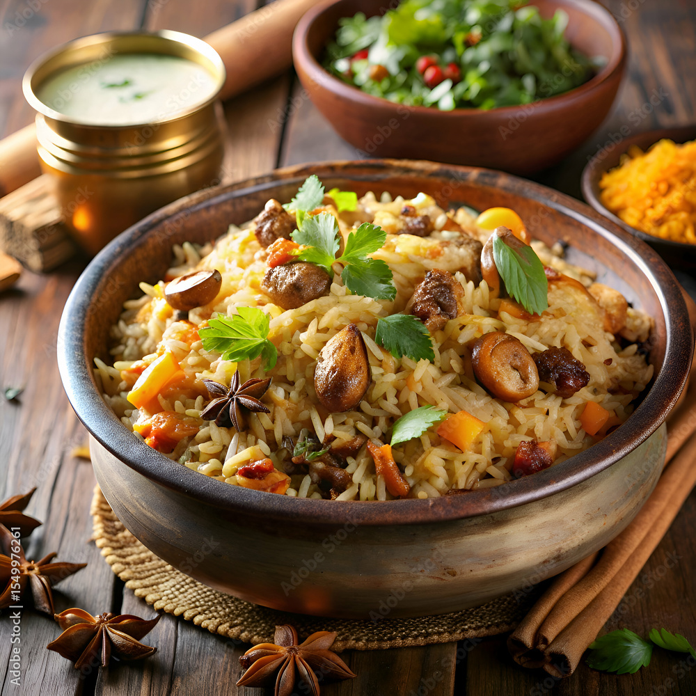 Traditional dish of mixed rice with meat and vegetables served in a rustic bowl on a wooden surface. Aromatic and flavorful dish with spices and herbs. ready to be enjoyed. Traditional dish of mixed rice with meat and vegetables served in a rustic bowl on a wooden surface. Aromatic and flavorful dish with spices and herbs. ready to be enjoyed.
