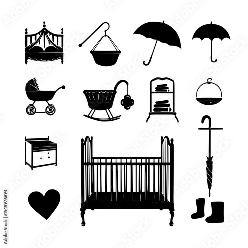 a set of icons of a crib and baby baby, crib, icon, illustration, silhouette , Generative art.