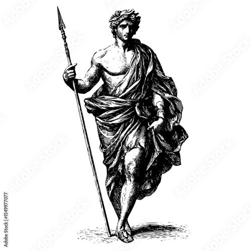 a black and white drawing of an ancient statue of a man holding a spear in his hand ancient, black, drawing, hand, hold, illustration, man, person, sea, stand, statue , Generative art.