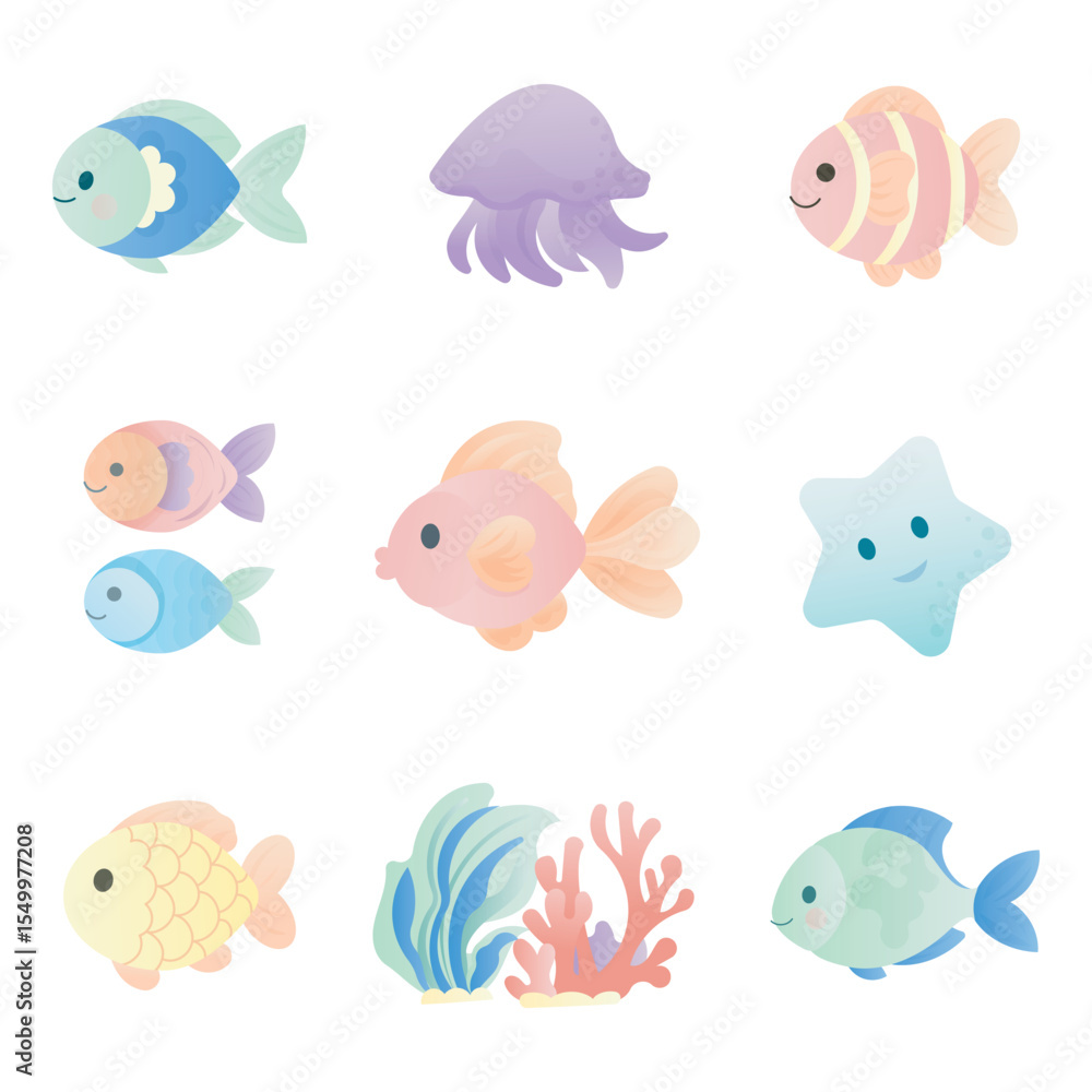 Fototapeta premium Adorable Ocean Life Vector Set.