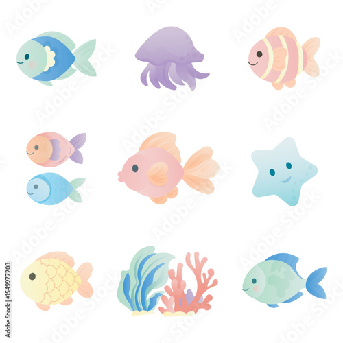 Adorable Ocean Life Vector Set.