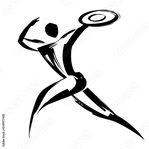 a black and white image of an abstract silhouette of a man throwing a frisbee abstract, ball, black, frisbee, illustration, image, kick, man, silhouette, throw , Generative art.