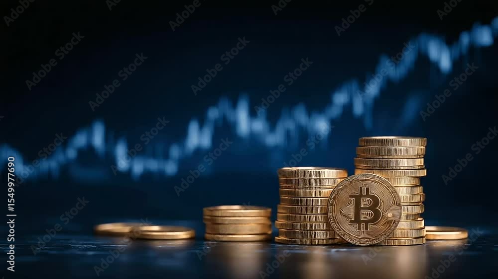 _Cryptocurrency Coin Stacks with Stock Market Graph Background