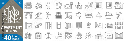 Apartment line editable icons set. Containing building, real estate, balcony, window, elevator, staircase, lobby, rooftop, parking, mailbox, kitchen, bedroom and more. Vector illustration