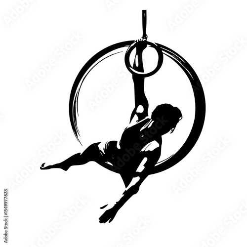 a black silhouette of a girl hanging upside down on an aerial ring aerial, black, circus, girl, gymnast, hang, ring, silhouette, silk , Generative art.