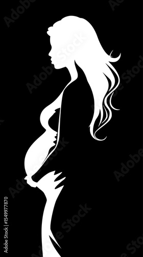 a pregnant woman with long hair and belly in black and white beautiful, belly, black, hair, long, pregnant, silhouette, stand, white, woman , Generative art.