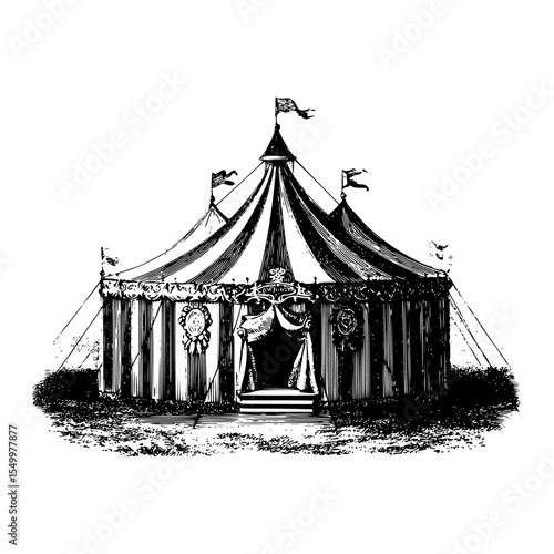 a black and white drawing of a circus tent black, circus, drawing, illustration, old, tent , Generative art.
