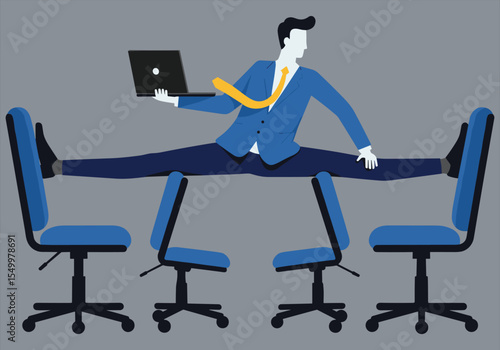 Cartoon 3D business people working on computers in an office, with a businessman and businesswomen sitting at desks with laptops and chairs