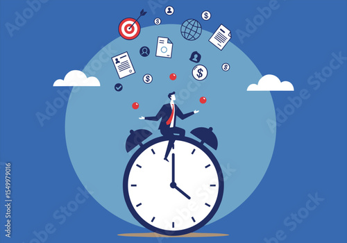 This retro alarm clock, an object of business, rings its bell, a vintage illustration of the morning hour and the timeless concept that time is money
