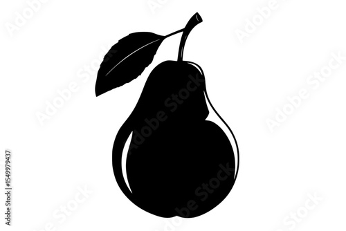 black silhouette of a pear with a leaf on a white background black, branch, fruit, icon, leaf, pear, silhouette , Generative art.
