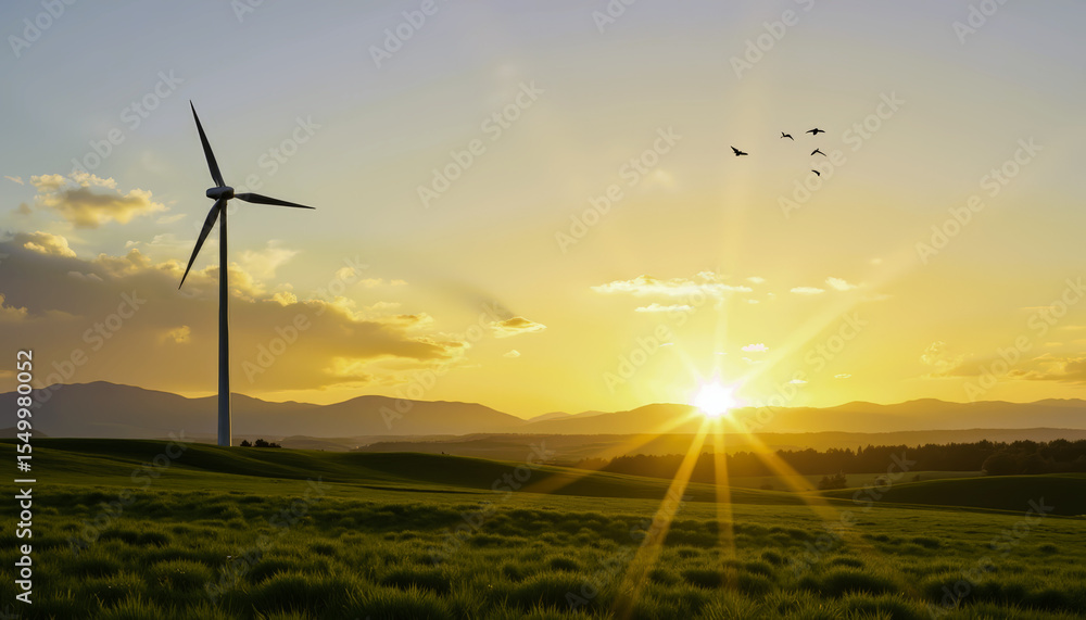 Obraz premium Wind turbine against sunset landscape in green field