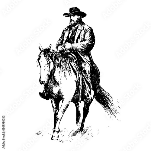 a black and white drawing of a man in a hat riding a horse black, cowboy, drawing, hat, horse, horseback, illustration, man, ride, ride on , Generative art.