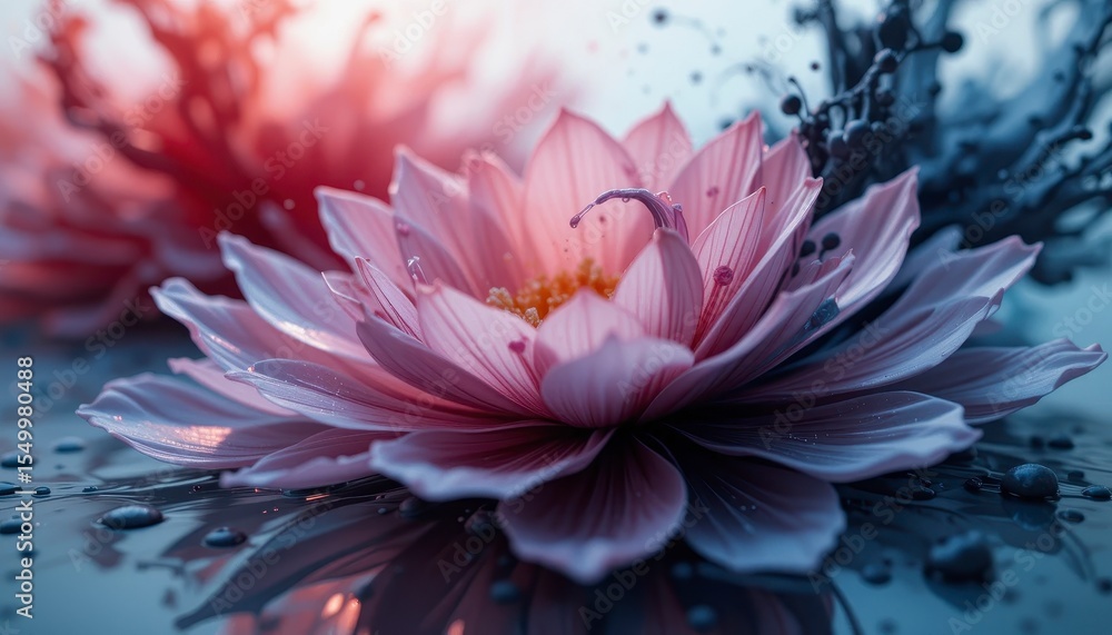 Obraz premium A close-up of a delicate pink lotus flower floating on water with droplets and a blurred colorful background.