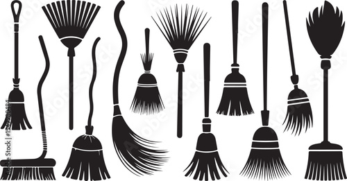Broom Silhouette Vector Set Cleaning Tool Collection Graphic Art Elements