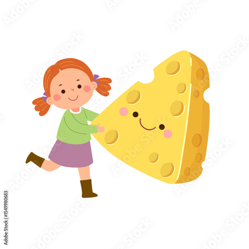 Cartoon child girl with cute giant cheese. Healthy food for kids