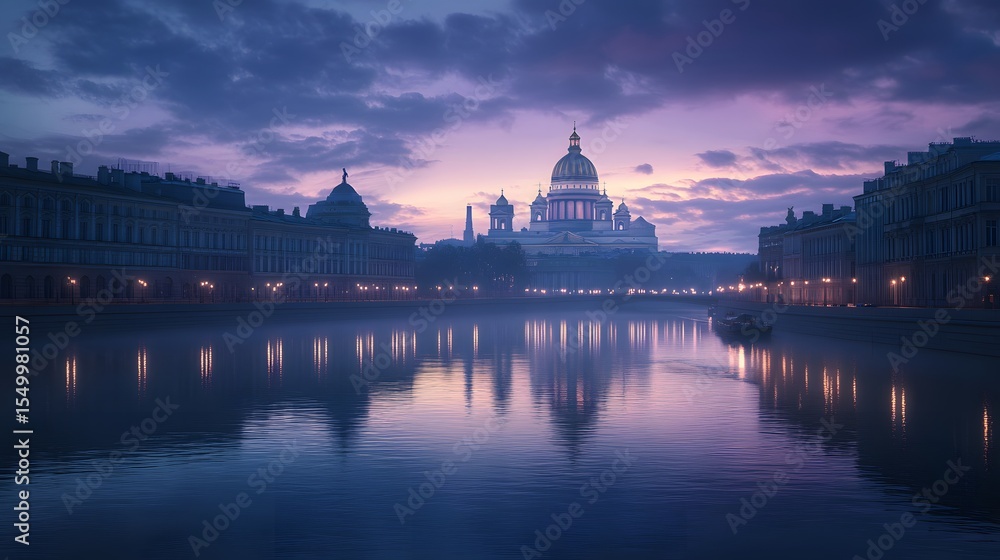 Fototapeta premium A sweeping view of the historic Saint Isaac’s Cathedral in Saint Petersburg, with the Neva River reflecting the building at dusk