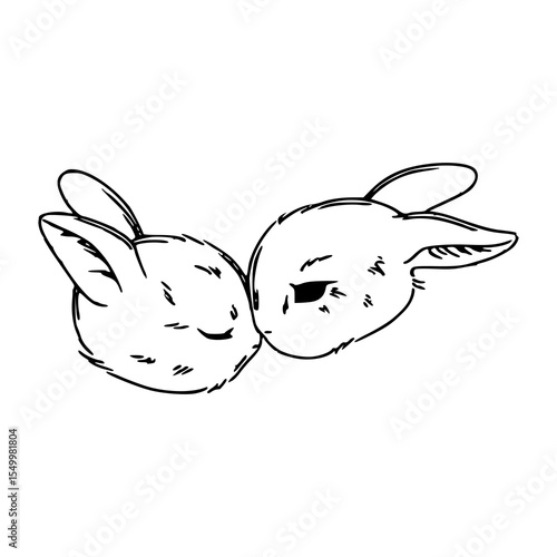 two kissing rabbit faces line art