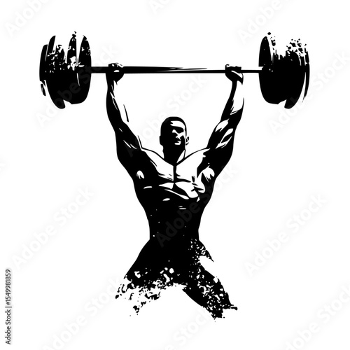 a black and white illustration of an athlete lifting a barbell over his head abstract, athlete, black, head, illustration, man, silhouette , Generative art.