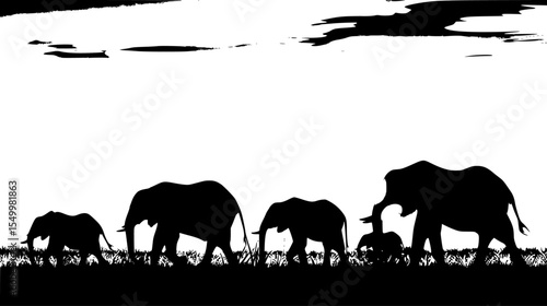 black and white silhouette of a herd of elephants black, elephant, field, grass, herd, silhouette, walk , Generative art.