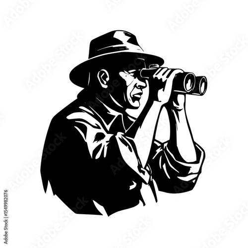 A black-and-white, high-contrast digital drawing depicts an elderly man with a wide-brimmed hat and glasses, holding binoculars to his eyes, set against a white background.