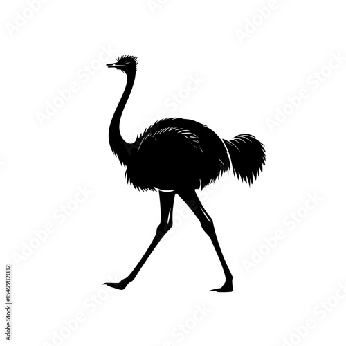 a black and white image of an ostrich walking black, illustration, image, ostrich, silhouette, stand, walk , Generative art.