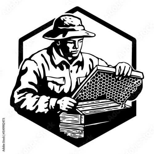 a black and white illustration of a beekeeper with hat holding a beehive of honey set inside hexagon bee, beehive, black, hat, honey, illustration, person, retro, set, style , Generative art.