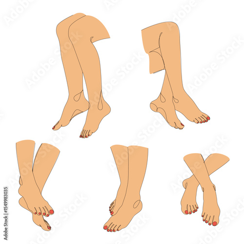 Collection. Silhouettes of human legs, feet in a modern one line style. Continuous line drawing, outline for decoration, posters, wall art, stickers, logo. Vector illustration set