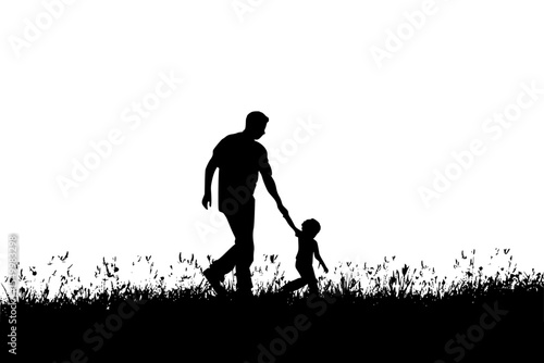 a man and a child walking hand-in-hand across a grassy field. The man, on the left, appears to be an adult with a slightly slouched posture, while the child, on the right. Silhouette.