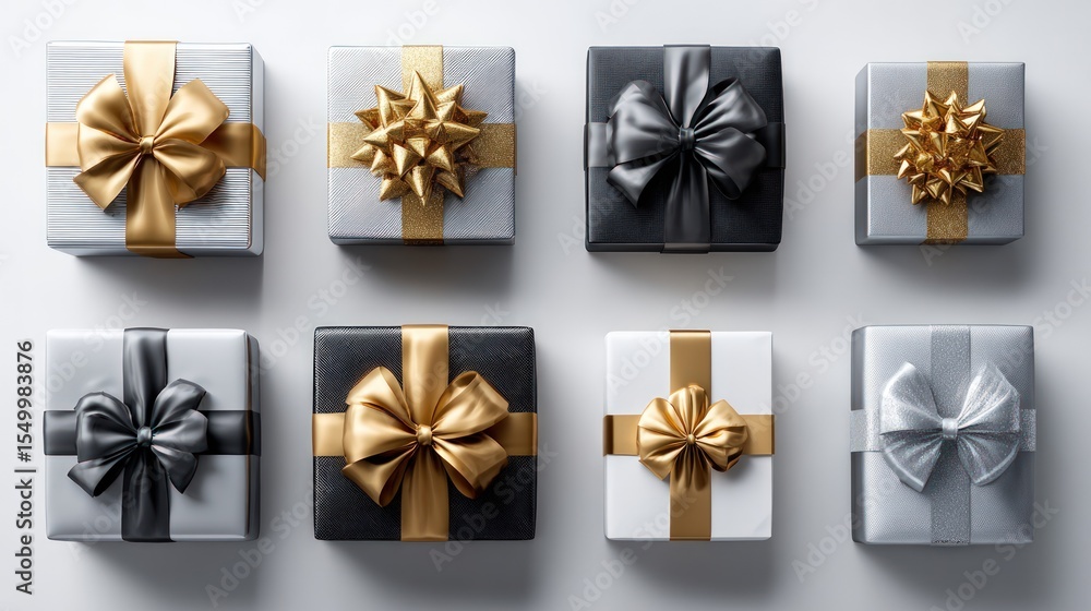 Top-down view of gift boxes with various colors and decorative ribbons. Top-down view of gift boxes with various colors and decorative ribbons.
