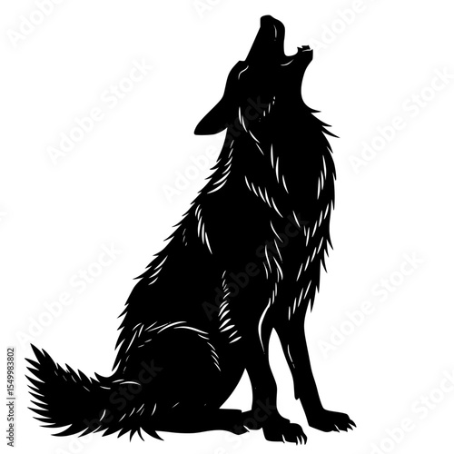 black silhouette of a wolf sitting on a white background black, dog, image, silhouette, sit, wolf , Generative art.