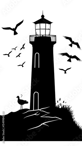 a black and white illustration of a lighthouse on a hill with seagulls flying around bird, black, fly, hill, house, illustration, lighthouse, seagull, silhouette , Generative art.
