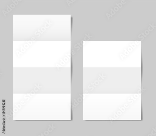 Mockup of a folded letter. Three and four panel accordion fold. White paper sheet. Double gate fold. Vertical pages. Blank booklet