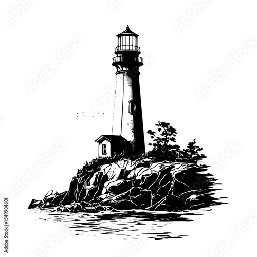 a black and white drawing of a lighthouse on a rocky island in the sea black, cliff, drawing, house, illustration, island, lighthouse, rock, rocky, sea , Generative art.