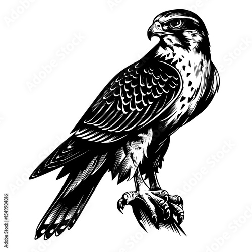 a black and white drawing of an eagle or hawk on a branch bird, black, branch, drawing, eagle, falcon, hawk, illustration , Generative art.
