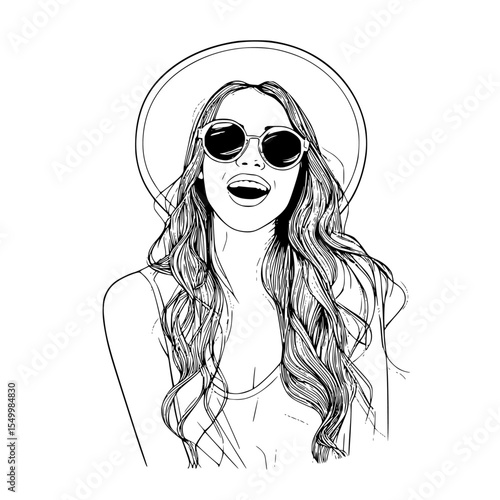 Black-and-white line drawing of a woman with long, wavy hair, wearing a large sun hat, sunglasses, and a low-cut top, smiling.
