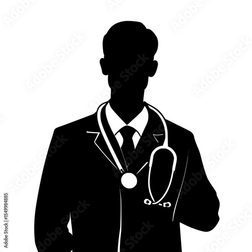 A black silhouette of a male doctor in a suit, holding a stethoscope, against a white background. The image is a digital drawing, emphasizing the doctor's professional appearance.