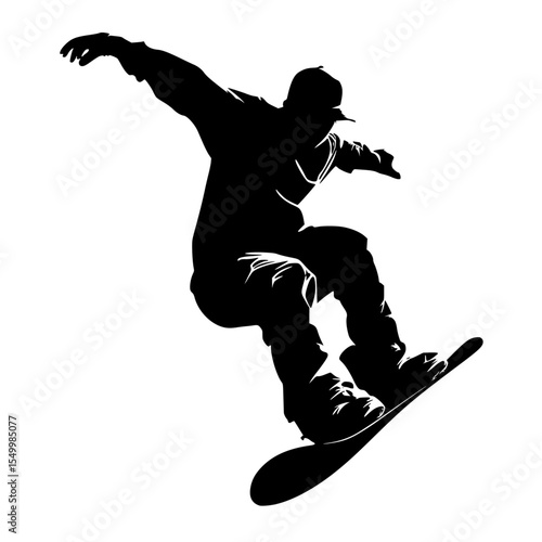 a black and white silhouette of a person riding a skateboard or snowboard black, jump, man, person, ride, silhouette, skateboard, skateboarder, snowboard, snowboarder , Generative art.