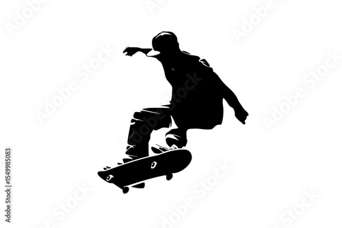 a black and white silhouette of a young man riding a skateboard black, jump, man, person, ride, silhouette, skateboard, skateboarder, young , Generative art.
