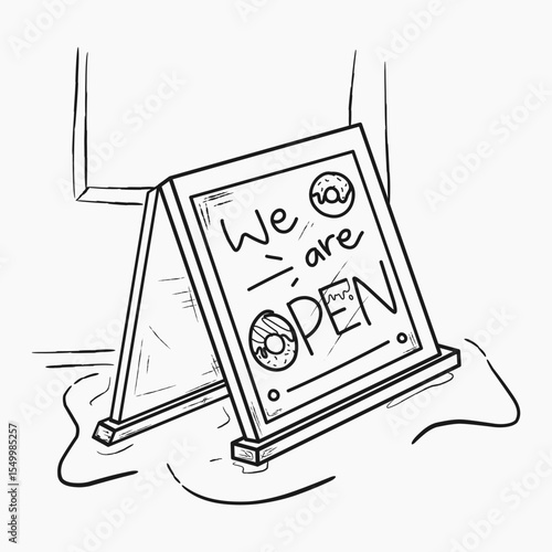 Line Art Illustration of Sidewalk Chalkboard Sign – “We Are Open” Handwritten Message