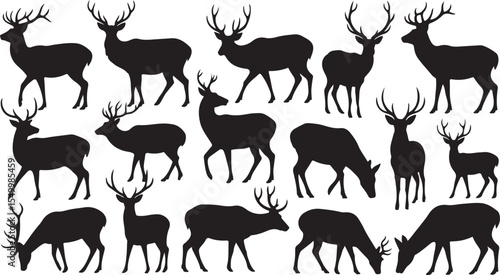 Deer Silhouette Collection Vector Art Antlered Mammals Wildlife Scene